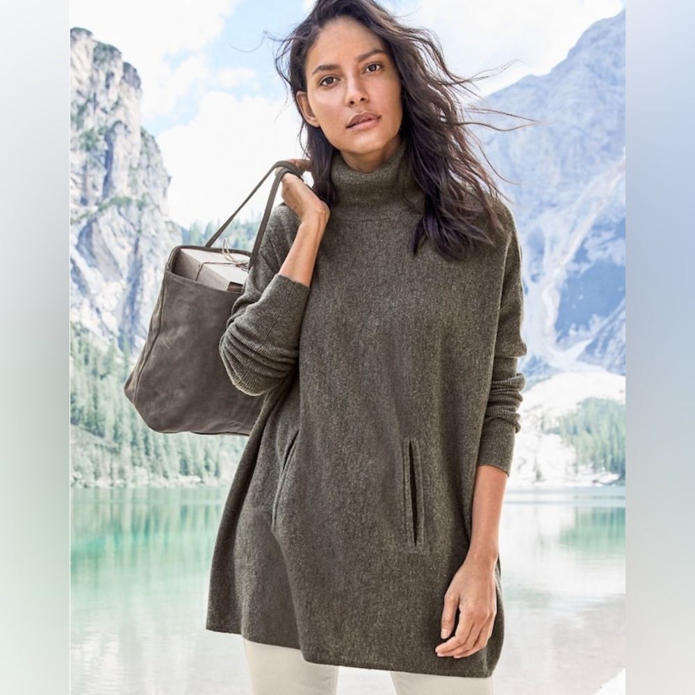 Garnet Hill Marino Wool & Cashmere Cowl Neck Tunic Sweater in Grey Sz M Luxury